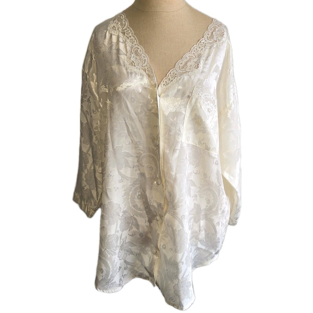 Val Mode Vintage Satin Sleep Shirt Nightgown Button Front Ivory Lace Long Sleeve